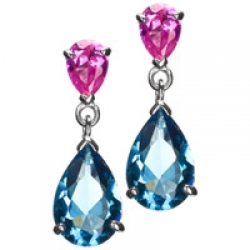 Emitations Trish's CZ Pink Sapphire and Faux Blue Topaz Double Pear Drop Earrings